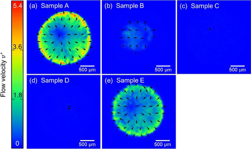 Figure 6. Snapshots of velocity fields based on the PIV analysis visualized by the colored arrows at dimensionless time t∗=0.96 from the dropping of samples on the cover glasses. (a) to (e) corresponds to the samples A to E in Table 1, respectively.