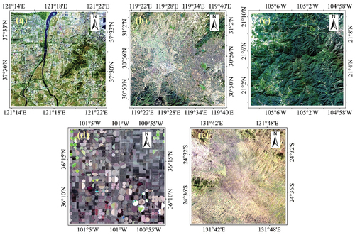 Figure 1. Images of five test sites. (a) Yantai, China (175 km2); (b) Xuancheng, China (1185 km2); (c): Rancho Viejo, Mexico (397 km2); (d) Ochiltree, USA (547 km2); and (e) Gibson, Australia (298 km2).