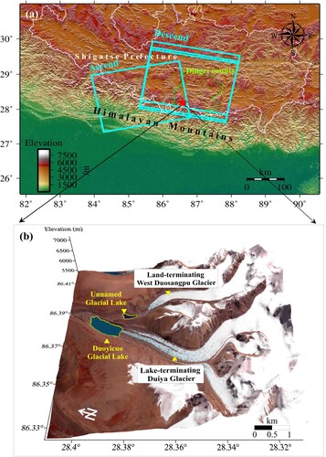 Figure 1. Map of the study area: (a) Location of the Duiya Glacier, marked with a red star. The cyan lines depict the coverage of the ascending and descending Sentinel-1A SAR images. The background is the ALOS World 3D-30 m (AW3D30) data. (b) 3D view of the lake-terminating Duiya Glacier and its counterpart West Duosangpu Glacier. The yellow color outlines of glacial lakes were manually delineated from the Landsat-8 OLI image taken on September 26, 2017.