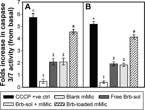 Figure 8 Apoptosis caspase-3/7 assay.Notes: Microplate-based fluorimetric caspase 3/7 activation assay, in human prostate (A) adenocarcinoma, PC3; and (B) metastatic carcinoma, LNPaC, tissue cultures, measured after 24 hours of treatment with various samples, at Brb-equivalent concentration of 20 μM, at 37°C, 5% CO2 conditions. (n=5, mean ± SD values denoted with unlike symbols (*, †, ‡, and #) are statistically different, P≤0.05).Abbreviations: Brb, berberine; mMic, mixed micelle; SD, standard deviation.