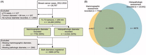 Figure 1. (A) Flow diagram (B) Venn diagram indicating whether tumor diameter information on mammographic (yellow area), histopathologic (blue area), or both (green area) was available for women diagnosed with invasive T1–T3 breast cancer in Norway during 2012–2016, n = 14,468.