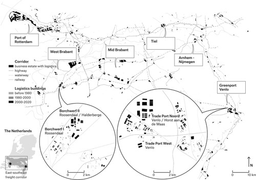 Figure 2. Growth of the logistics complex in the East-Southeast freight corridor. Interactive map at https://mertennefs.eu/landscapes-of-trade/