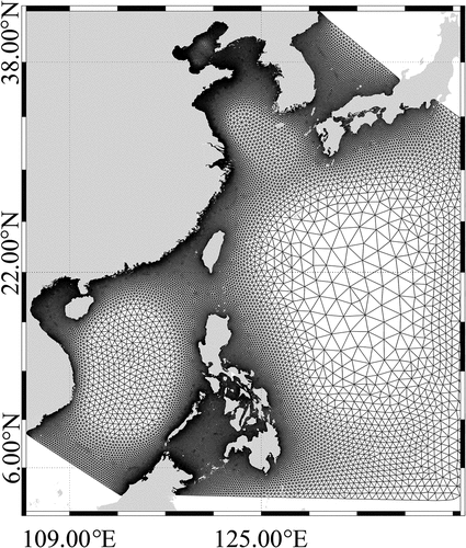 Figure 2. Simulated region for the simulating waves nearshore (SWAN) model and the unstructured grid.