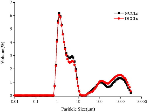 Figure 2. Particle size distribution of emulsions of different colour chicken livers. NCCLs: normal colour chicken livers; DCCLs: discolouration coloured chicken livers.