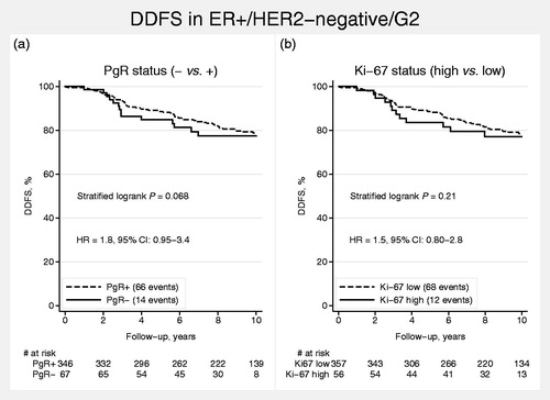 Figure 4. Distant disease-free survival (DDFS) in ER-positive/HER2-negative, G2 breast cancer stratified by PgR (negative vs. positive; a), DDFS in G2 tumors stratified by Ki-67 (high vs. low; b).