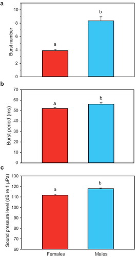 Figure 4. Mean (± S.E.) characteristics of agonistic sounds in female and male T. schalleri. (a) Burst number, (b) Burst period and (c) Sound pressure level. Different letters indicate significant differences between sexes.