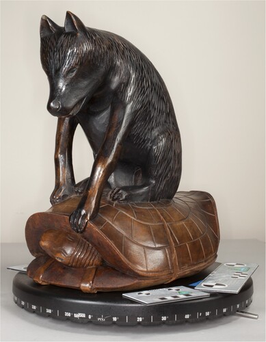 Figure 1. Wooden sculpture of a coyote and turtle, Untitled (1986.65.339), 39.2 × 24.5 × 35.5 cm, part of the SAAM collections.