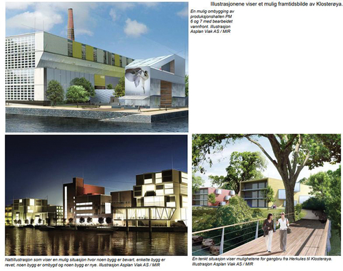 Figure 3. The last page of the document for Klosterøya with the three illustrations that show the possible future of the site. The page is from Skien kommune og Norske Skog, ‘Klosterøya – Nye muligheter’ (2006), page 34. Part of planning documents available to the general public. Photocopy: NIKU.