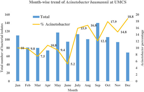 Figure 2 Month wise trend of Acinetobacter baumannii among total bacterial isolates at UMCS.