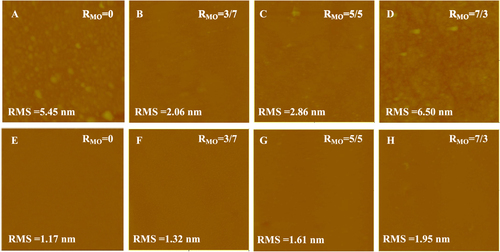 Figure 2. In situ AFM images (scan size 5 × 5 μm2, z-scale 500 nm) of DPPC/MO vesicles deposited on NTR7450 surface with different RMO values, (A) RMO = 0, (B) RMO = 3/7, (C) RMO = 5/5 and (D) RMO = 7/3; DOPC/MO vesicles deposited on NTR7450 surface with different RMO, (E) RMO = 0, (F) RMO = 3/7, (G) RMO = 5/5 and (H) RMO = 7/3.