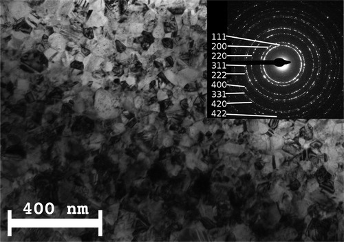 Figure 1. Bright-field cross-sectional TEM image and indexed SAED pattern at the electrolyte side of the nc-Ni sample #FAC3 of the ED Ni series. The substrate side exhibited the same features.