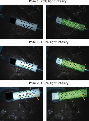 Figure 4. Results on ex vivo experiment, where a surgical tool of the da Vinci® robot goes through a predefined set of illumination conditions and poses. At each pose two images are captured, one for our binary marker, shown on the right column, and one for the state-of-the-art marker (Zhang et al. Citation2017), shown on the left column. The surgical tool are moving over an ex vivo porcine liver.