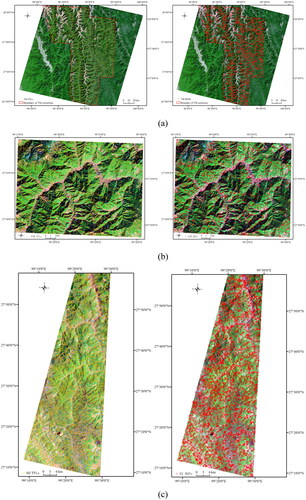 Figure 7. The TFLs and HGPs of (a) the TM image, (b) the ETM image and (c) the HJ image.