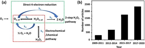 Figure 13. (a) Simplified ORR mechanism through direct four-electron reduction (reaction constant k1) or two-step peroxide pathways (reaction constants k2 and k3); (b) Articles published between 2009 and 2020 according to the results of the search in Network of Science with ‘reduction of carbon-oxygen’ or ‘evolution of carbon-oxygen’ or ‘carbon-hydrogen evolution’ as the keywords (Reproduced from reference (Citation139) with permission from Elsevier).