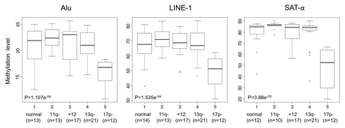 Figure 1. DNA methylation levels in relation to different cytogenetic groups. Box plot representation of DNA methylation levels. The p values corresponding to each methylation marker are shown.