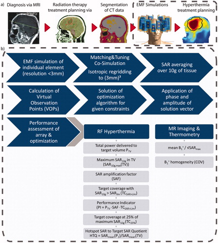 Figure 2. (a) Schematic presentation of the workflow from the diagnostic MRI of the patient to the SAR10g distribution as the hyperthermia treatment planning. (b) Details of the simulation and optimization process from the tumor models to the metrics to be evaluated to assess the RF array for hyperthermia treatment planning and magnetic resonance imaging performance.