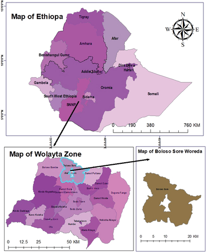 Figure 1. Map of Ethiopia, Wolaita Zone, and Boloso Sore woreda.