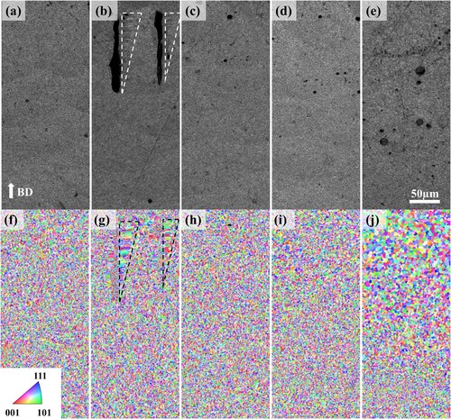 Figure 5. EBSD results displaying the image quality (IQ) maps on the top, and the inverse pole figure (IPF) maps for as-built (AB) (a, f), R-a (b, g), R-b (c, h), R-c (d, i), and R-d (e, j), respectively. The dashed triangles (in b and g) indicate the large, elongated grains observed around the sub-surface pores (lack-of-fusion).