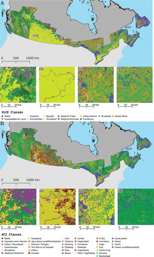 Figure 1. Study area as represented by the source maps (A) Virtual Land Cover Engine (VLCE) and (B) Annual Crop Inventory (ACI). Note that ACI map displays only the 35 ACI classes with validation samples in the accuracy assessment. ACI classes without validation samples were merged into higher level parent classes