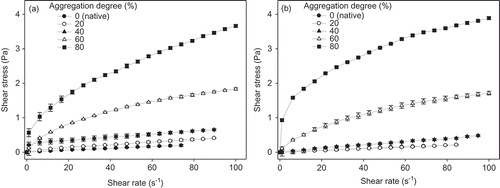 Figure 4. Rheograms for WPI dispersions (120 g/kg) heat treated at 75°C. (a) Dispersion at pH 6.5 and (b) dispersion with NaCl addition of 1 g/kg. Lines are merely a visual guide.Figura 4. Reogramas para dispersiones de ASP (120 g/kg) tratadas térmicamente a 75°C. A) Dispersión a pH 6,5, y B) dispersión con adición de NaCl a 1 g/kg. Las líneas son sólo una guía visual.