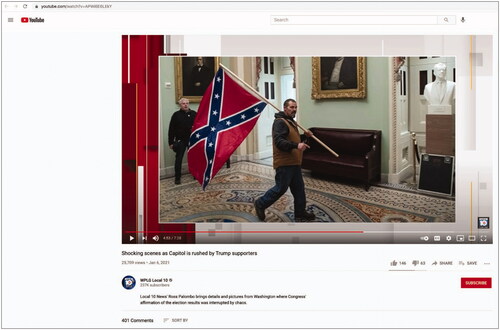 Figure 3. Acuff screenshot of a local news segment in which the reporters shared an image of a Trump supporter holding a Confederate flag outside the Senate Chamber during the Insurrection at the U.S. Capitol, January 6, 2021. https://ktla.com/news/nationworld/man-photographed-with-confederate-flag-in-u-s-capitol-during-riot-is-arrested.