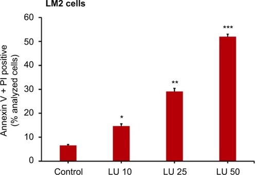 Figure 7 LU induces apoptosis in MDA-MB-231 (4175) LM2 cells in vitro.