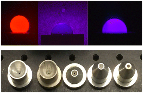 Figure 2. Top. Side view images of levitated molten oxide samples illuminated by incandescent emission viewed through a red filter, backlit using a blue light source and incandescent emission viewed through a blue filter. The samples shown are approximately 2.7 mm in diameter. Bottom left to right: early deep nozzles made of aluminum alloy and boron nitride, low profile nozzles that allow viewing of part of the levitated sample along the horizontal direction.