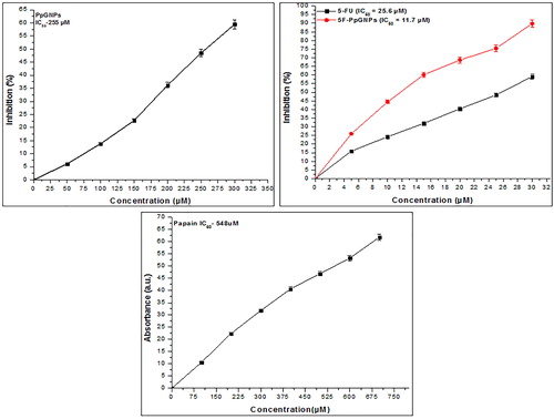 Figure 4. The cytotoxicity (dose-dependent) study of (A) PpGNPs (B) pure 5-FU and 5F-PpGNPs and (C) pure papain on A549 cells. All the data were expressed in mean ± SD of three experiments.