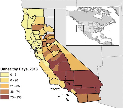 Figure 1. Number of unhealthy days summed by county in the state of California reported during the year 2016. Air districts outlined in black. Summed days includes those surpassing an Air Quality Index (AQI) score of 100. According to the EPA (Citation2018), “When AQI values are above 100, air quality is considered to be unhealthy—at first for certain sensitive groups of people, then for everyone as AQI values get higher.” AQI values are derived from monitoring records for the major pollutants across the United States. The EPA converts raw measures into an AQI value for each pollutant and then the highest of these values for each location is recorded as that day’s AQI value for that location (EPA Citation2018). Source data: U.S. EPA AQI gathered in July 2017 by authors.