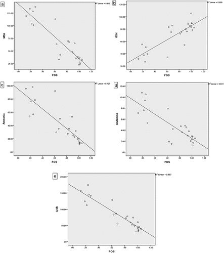 Figure 5. Correlation between brain c-fos expression and brain levels of: (a) MDA, (b) GSH, (c) Ammonia, (d) Glutamine, and (e) IL-1β.