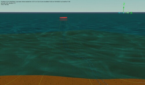 Figure 14. FEM in Orcaflex showing floating buoy model with details on moorings and marine bonded submarine hoses. (This figure is available in colour online.)