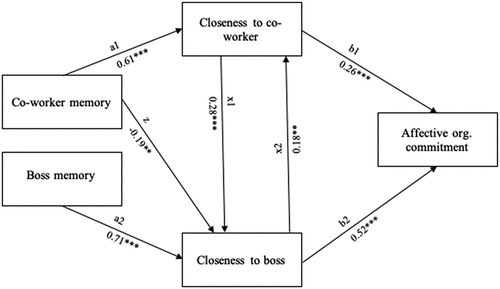 Figure 2. Our final structural equations model. Paths a1 and a2 show perceived levels of coworker and boss memory predicting closeness to coworkers and bosses respectively. Paths b1 and b2 show closeness to coworkers and bosses in turn predict affective organizational commitment. The joint effect of the a paths and the b paths capture the indirect influence of perceived memory on affective organizational commitment through interpersonal closeness. Paths x1 and x2 allow for possible interdependence between boss and coworker closeness. Path z was a data driven addition to improve model fit.
