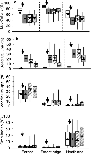 Figure 4 Temporal changes in mean vegetation percentage cover following Calluna die-back: (a) live Calluna; (b) dead Calluna; (c) combined Vaccinium species; (d) combined graminoids. An arrow indicates the timing of the Calluna die-back event. Boxes show plot-scale medians and inter-quartile ranges, whiskers show 5th and 95th centiles. Means are shown by black circles. White bars: 2002; grey bars: 2003; bold stripe: 2004; fine stripe: 2005.