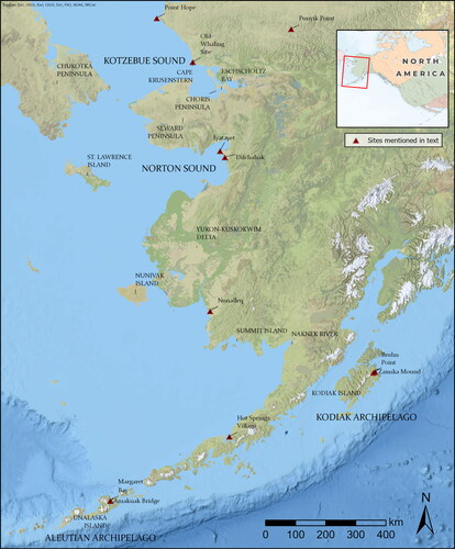Figure 1. Extent of coastal western Alaska, ranging from the Aleutian Archipelago in the south to the Kotzebue Sound in the north. Note the location of archaeological sites mentioned in the text.