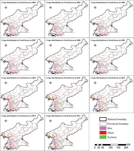 Figure 8. Spatial distribution of crops in North Korea from 2004 to 2014; red circles mark areas with great increase of soybean since 2011.