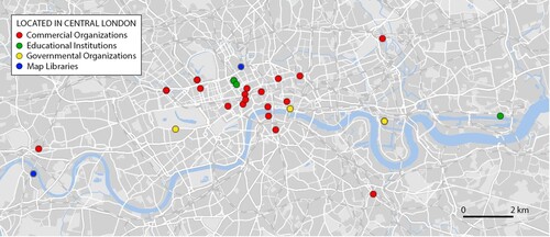 Figure 2. Commercial organizations, educational institutions, governmental organizations and map libraries included in the UK National Report that are located in Central London. Compiled using OpenStreetMap data and styled with mapz.