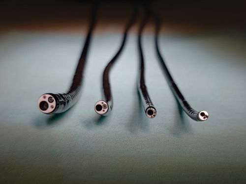 Figure 4. Four main types of flexible bronchoscopes for peripheral pulmonary lesions. From left to right: 5.8-mm therapeutic bronchoscope, BF-1TH1200 with a 3.0-mm working channel (WC); 4.2-mm thin bronchoscope, BF-P290 with a 2.0-mm WC; 3.0-mm newer ultrathin bronchoscope, BF-MP290F with a 1.7-mm WC; and 2.8-mm conventional ultrathin bronchoscope, BF-XP260F with a 1.2-mm WC.