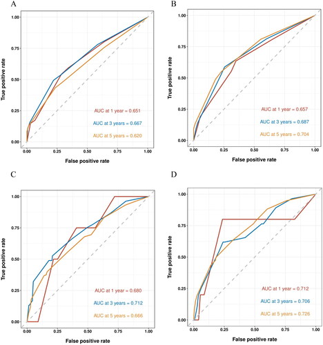 Figure 2. Graphs Depict performance of the Cox proportional hazards model of the at and ATA scores. (A) From the 1,3,5-year progression-free survival aspect, the time-dependent AUC of the training set was 0.651,0.667, and 0.620, respectively. (B) while the AUC of the validation set was 0.657, 0.687, and 0.704, respectively. (C) From the 1,3,5-year overall survival aspect, the time-dependent AUC of the training set was 0.680,0.712, and 0.666, respectively. (D) while the AUC of the validation set was 0.712, 0.706, and 0.726, respectively.