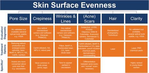 Figure 3 Skin surface evenness parameters, measurement methods, and treatment options.