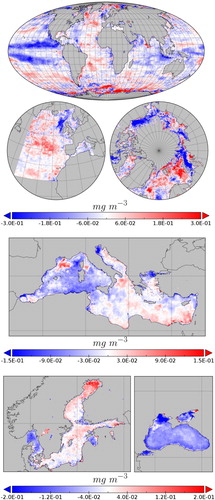 Figure 1.5.3. Chlorophyll anomalies for 2016 relative to the 1997–2014 reference period for (a) North Atlantic Ocean, (b) Arctic Ocean, (c) Global Ocean, (d) Mediterranean Sea, (e) Baltic Sea and (f) Black Sea.