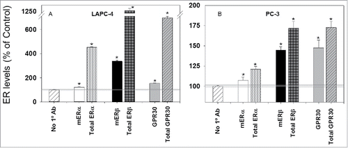 Figure 2. ER subtype (α, β, and GPR30) levels (total vs. membrane) in LAPC-4 and PC-3 prostate cancer cells. The negative control samples used no primary antibody (Ab) for any of the ER subtypes, as indicated by the first bar and the shaded bar extending horizontally across the graph (average ±SEM ). *denotes significance from controls at P < 0.05.