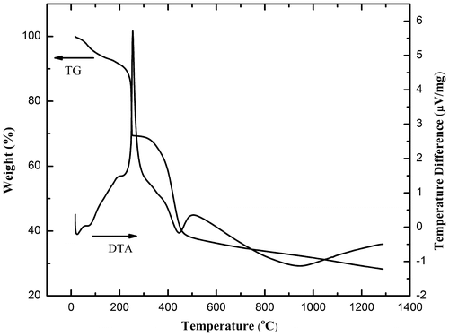 Figure 1. TG-DTA curve of as-spun polymeric fibers.