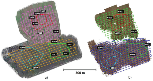 Figure 6. Flight paths – a) LiDAR-UAV, b) DAP-UAV.