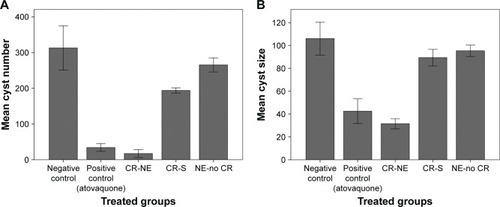 Figure 5 Mean ± SD of the number (A) and size (B) of tissue cysts in brain of mice inoculated with bradyzoites of Toxoplasma gondii Tehran strain and treated with CR-NE, CR-S, and NE-no CR compared with those of brain tissue cysts in negative control mice (n=10, P<0.001). Counts of tissue brain cyst and size of them measured in triplicate.Abbreviations: CR-NE, curcumin nanoemulsion; CR-S, curcumin suspension; NE-no CR, nanoemulsion without curcumin.