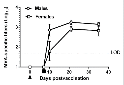 Figure 1. Mean vaccinia-specific IgG titer (Log10 ± 1 SE) of New Zealand white rabbits vaccinated with MVA-BN (IMVAMUNE) vaccine (Group 2). Animals were bled on various days (Prebleed Day 0, Day 7 after the first immunization, 3 d (Day 10), 14 d (Day 21) and 28 d (Day 35) after the second immunisation. Mean values are from 13 (Day 0 and Day 7), 5 (Day 10 and Day 21) or 3 (Day 35) animals each. LOD = Limit of Detection (1.7 log10). First immunization (▴), Second immunisation (▪). For graphical purposes values below the limit of detection (LOD) were assigned a value of 1Log10.