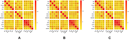 Figure 2 Spearman's correlation coefficient matrix illustrating the association between SUA/Cr and baseline patient characteristics in T2DM patients (A) all patients; (B) male patients; (C) postmenopausal female patients.