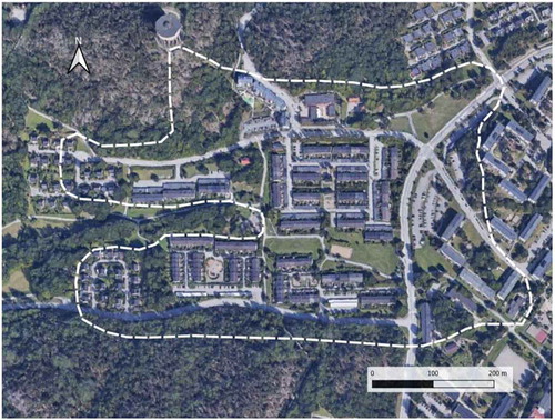 Figure 2. Map of the studied test catchment Sätra. Orthophoto: Image Landsat Copernicus, Google Earth Pro (obtained for the study period of 1999–2000). The white dotted line indicates the boundary of the catchment area