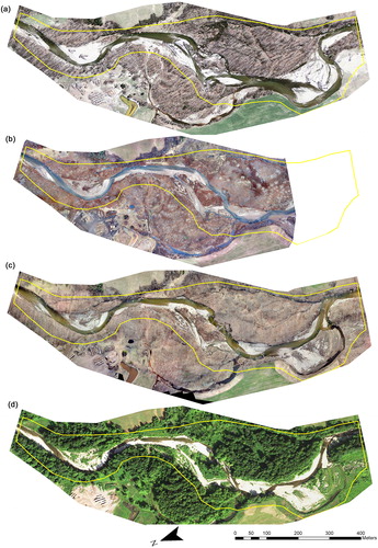 Figure 4. Section of the New Haven River as seen in (a) aerial imagery from April 2012, (b) UAS orthomosaic imagery from December 2015, (c) UAS orthomosaic imagery form April 2017, and (d) aerial imagery from July 2016. Area indicated by yellow boundary represents area of river corridor used in the analysis of DEMs. Source: Author