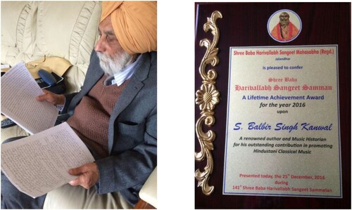 Figure 1. (L) Balbir Kanwal with two of his articles in Urdu and English, at his home in Ilford, Essex, 5 August 2017. (R) The Lifetime Achievement Award conferred upon Kanwal by the Harballabh festival organisers, 2016.