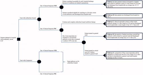 Figure 1. Schematic visualization of the decision-tree model. Over each branch, a brief description of the corresponding patient pathway has been summarized. Abbreviations. CAP, community-acquired pneumonia; ICU, intensive care unit; IV, intravenous.